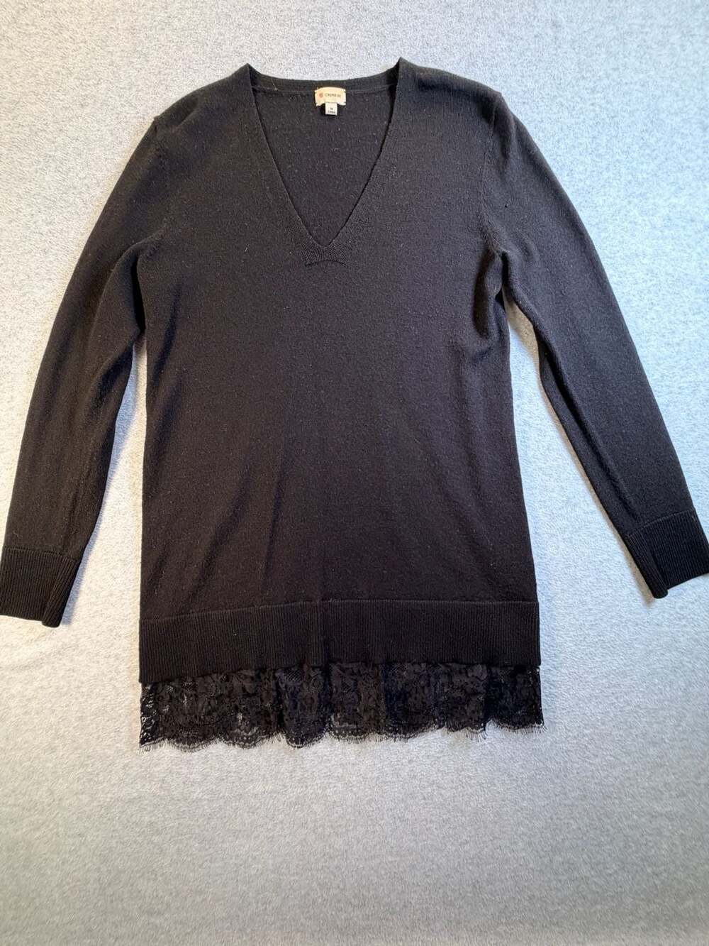 Cremieux Sweater Size M Black V-Neck Lace Hem Long Sleeve